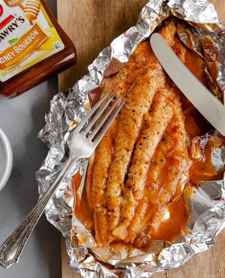 bourbon grilled catfish for a campfire dinner