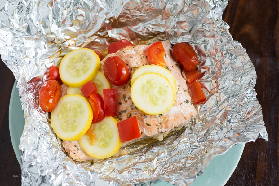 Mediterranean Salmon Going Into Foil Packet