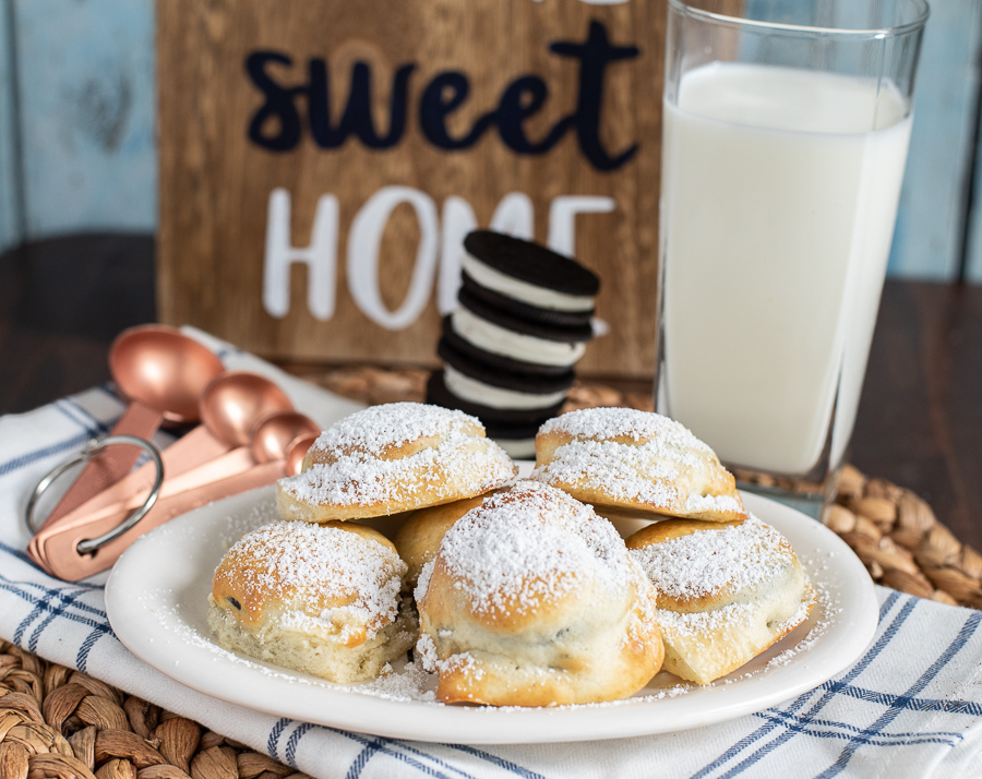 Air Fryer Oreos served for dessert with a glass of milk.